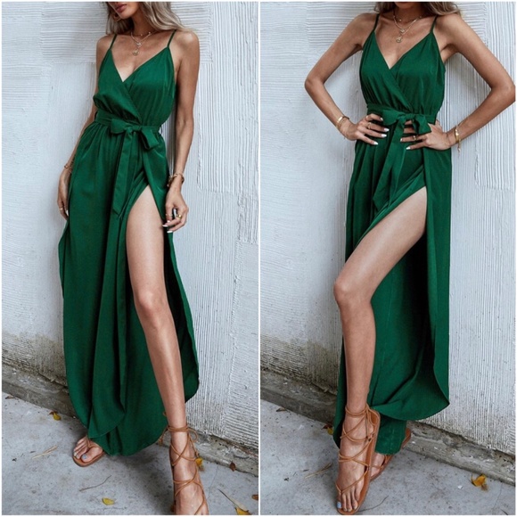 Bellanblue Pants - Boho Green Surplice Slit Thigh Cami Jumpsuit